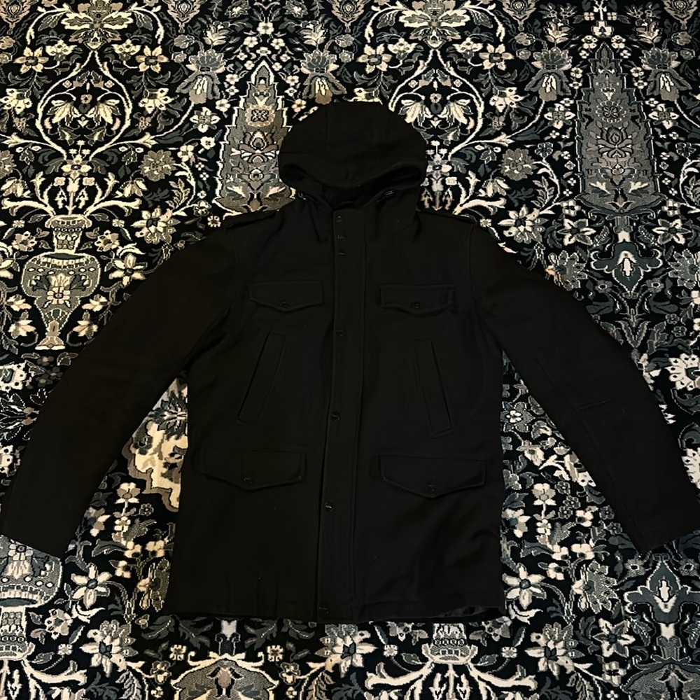 Black Guess Men’s Wool Blend Pea Coat w/ Hood